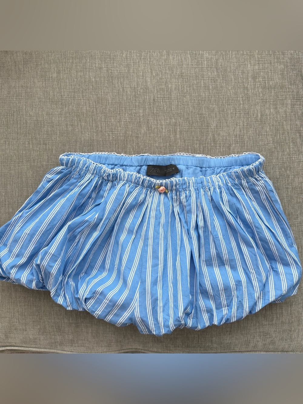 Zara Light Blue & White Striped Bubble Shorts with Pink Rose Detail